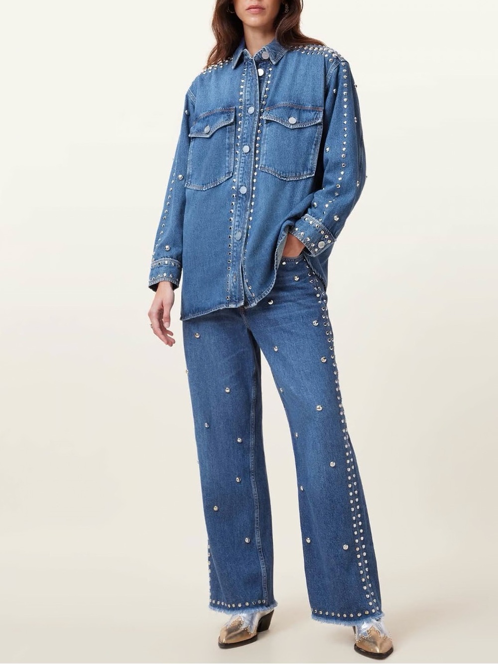 NWT All Saints Alba Studded Oversized Denim Shirt - Small